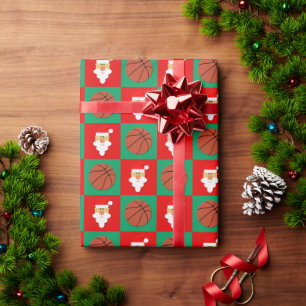 Papier Cadeau Christmas Basketball et Père Noël Red & Green Chec