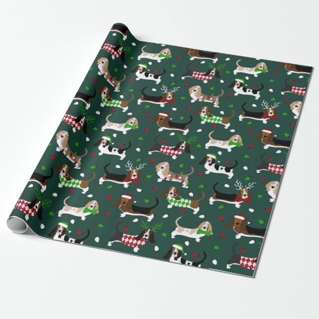 Papier Cadeau Christmas Basset Hound Forest Green (Déroulé)