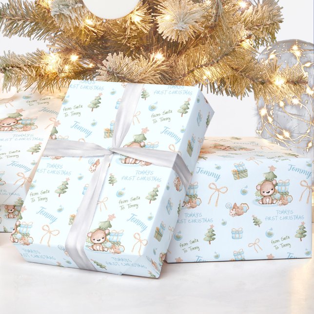 Papier Cadeau Christmas Bear Garçon Bleu Nom Texte Noël (Christmas Bear Boy Blue Name Text Christmas Wrapping Paper)
