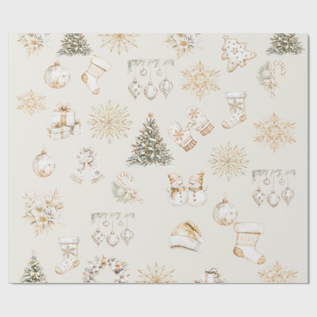 Papier Cadeau Christmas beige gold wrapping paper (Plat)