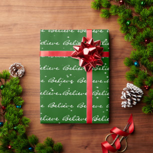 Papier Cadeau Christmas Believe Texte et Snowflakes