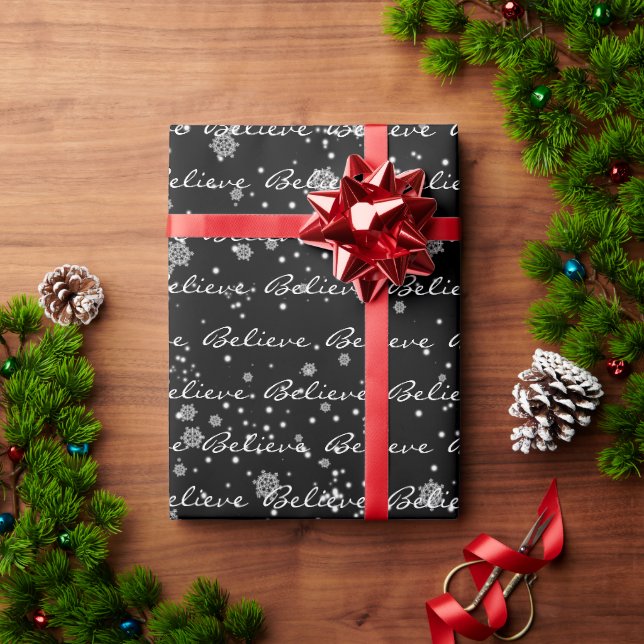 Papier Cadeau Christmas Believe Texte et Snowflakes Wrapping Pa (Cadeau de vacances)