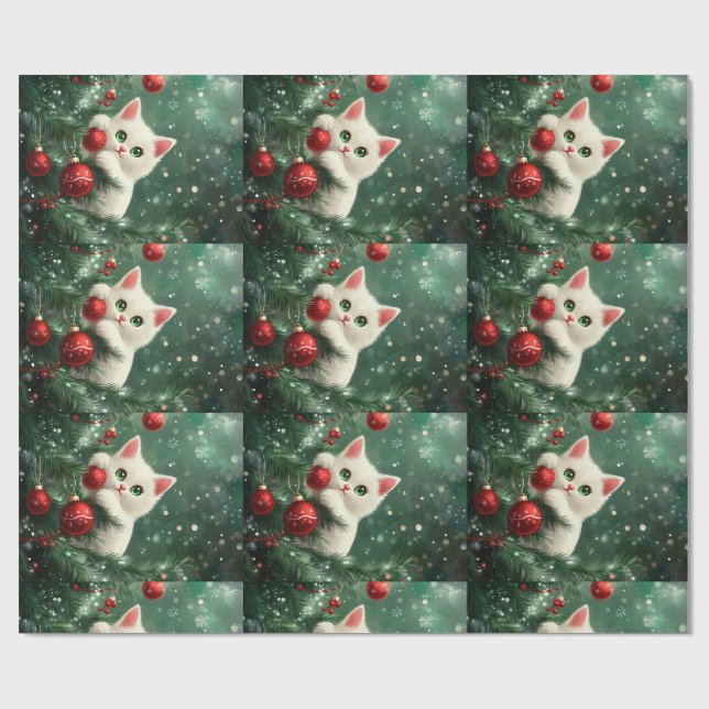 Papier Cadeau Christmas Cat Climbing Xmas Tree (Plat)