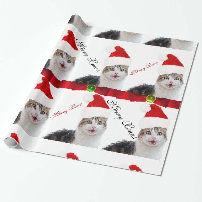 PAPIER CADEAU CHRISTMAS CHAT AVEC CASQUETTE SANTA CLAUS ET RIBBO (Déroulé)
