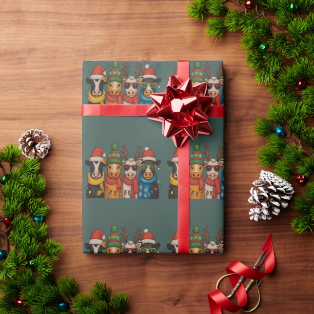 Papier Cadeau Christmas Cow Lover Farmhouse Farm Santa Highland  (Cadeau de vacances)