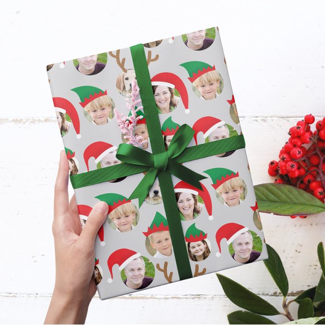 Papier Cadeau Christmas Crew Custom Six Photo Funny Holiday Cade (six of your photos get festive with reindeer antlers, Santa and elf hats on a gray background)