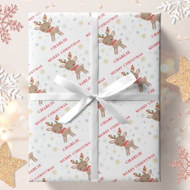 Papier Cadeau Christmas Cute Deer Snowflakes Nom personnalisé (Créateur téléchargé)