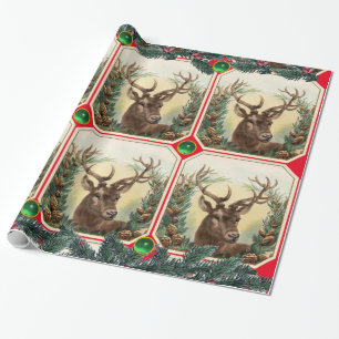 Papier Cadeau CHRISTMAS DEER, PINE CONES COURONNE, GREEN GEMS Ro
