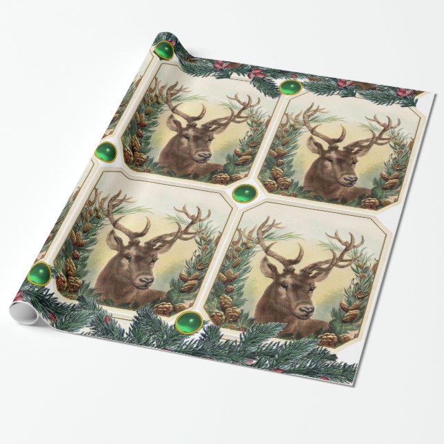 PAPIER CADEAU CHRISTMAS DEER, PINE CONES COURONNE, GREEN GEMSTON (Déroulé)