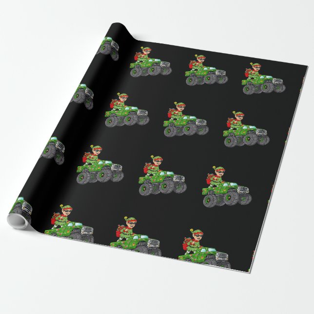 Papier Cadeau Christmas Elf Riding Monster Truck Holiday Boys Ki (Déroulé)