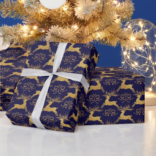Papier Cadeau Christmas Gilded Leather Reindeer Navy Blue (Vacances)