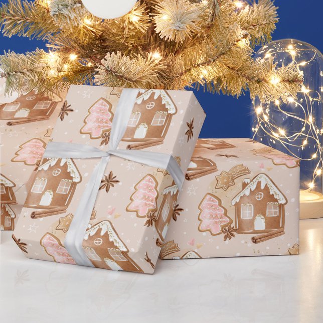 Papier Cadeau Christmas Gingerbread Maison Cookies roses Brown (Créateur téléchargé)