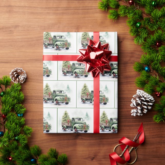 Papier Cadeau Christmas Green Retro Truck With Tree (Cadeau de vacances)
