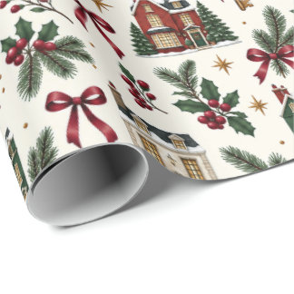 Papier Cadeau Christmas House Pattern Wrapping Paper