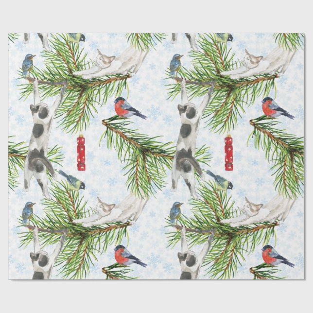 Papier Cadeau Christmas kitten with Birds (Plat)