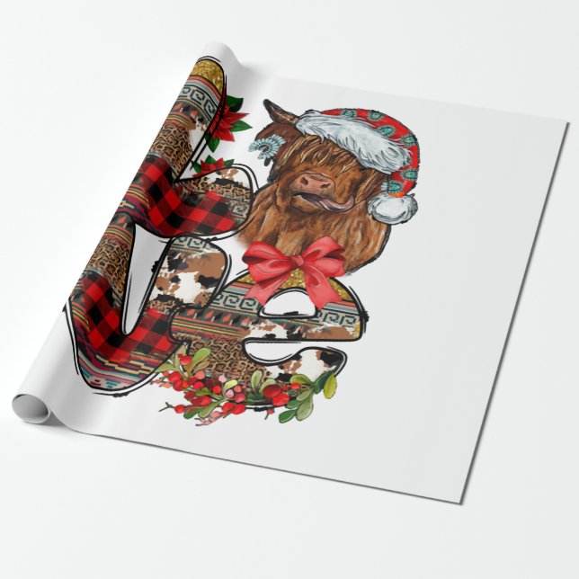 Papier Cadeau Christmas Love Highland Cow (Déroulé)