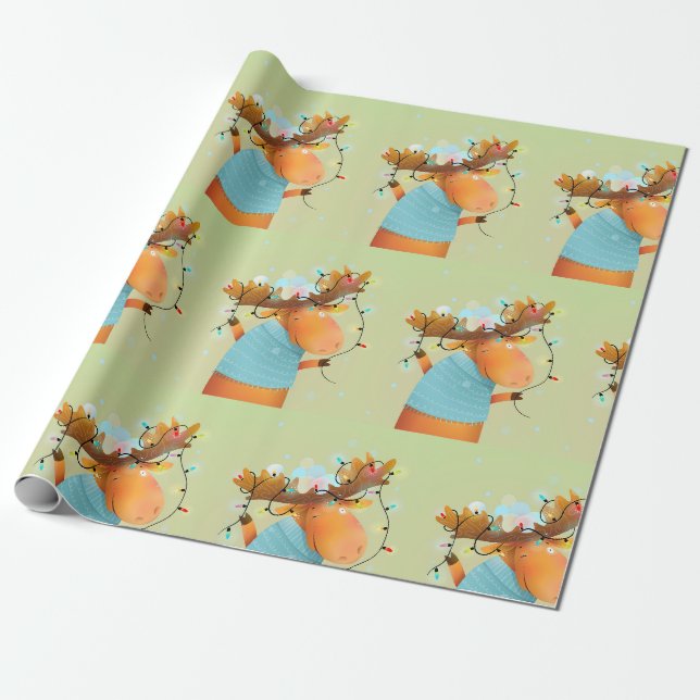 Papier Cadeau Christmas Moose Lights Amusant Humour Animal Art (Déroulé)