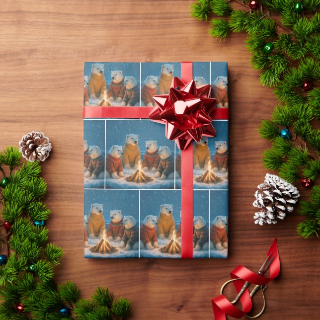 Papier Cadeau Christmas Polar Bears Around a Bonfire (Cadeau de vacances)