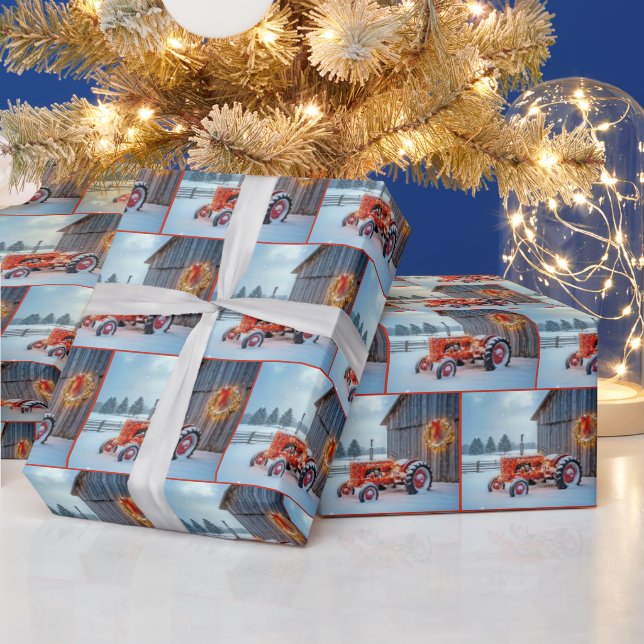 Papier Cadeau Christmas Red Farm Tractor In Snow (Vacances)