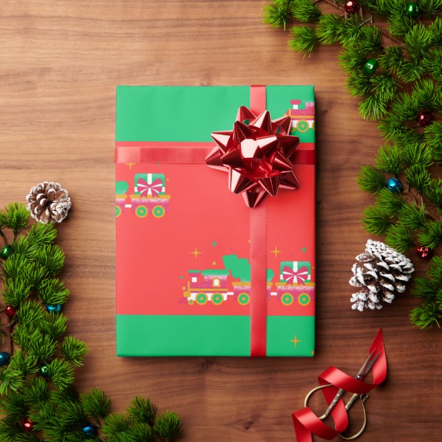 Papier Cadeau Christmas RED & GREEN With Trains. Santa (Cadeau de vacances)
