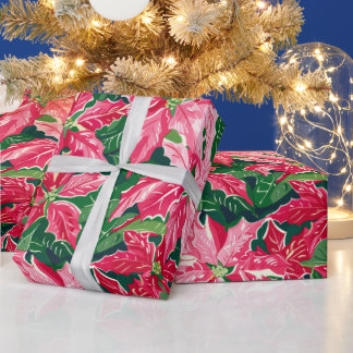 Papier Cadeau Christmas Ruby Pink Poinsettia N Leaves Pattern
