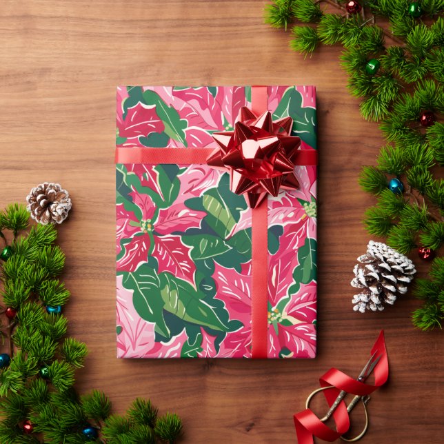 Papier Cadeau Christmas Ruby Pink Poinsettia N Leaves Pattern (Cadeau de vacances)