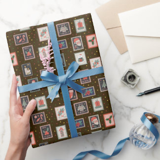 Papier Cadeau Christmas Stamps & Dots on Dark Brown