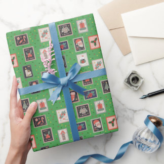 Papier Cadeau Christmas Stamps & Dots on Green