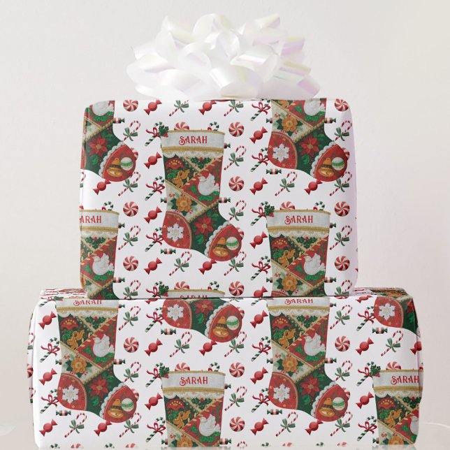 Papier Cadeau Christmas Stocking Personnaliser le nom de l'enfan (Créateur téléchargé)