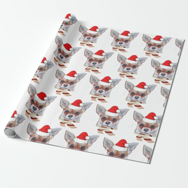 Papier Cadeau Christmas Tan Chihuahua Santa Hat (Déroulé)