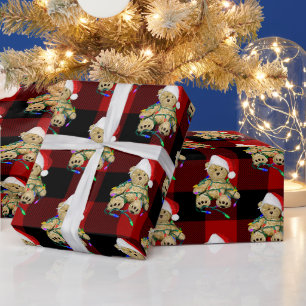 Papier Cadeau Christmas Teddy Bears On Buffalo Plaid