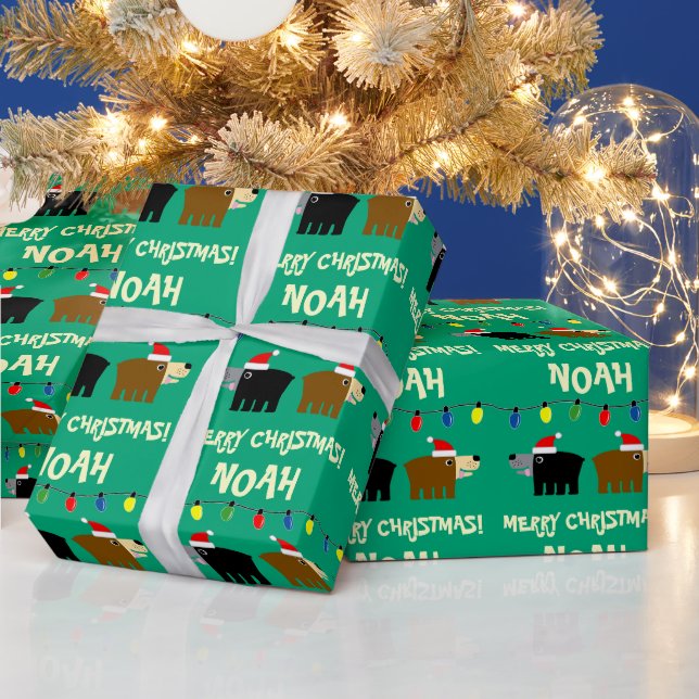 Papier Cadeau Christmas tree lights with Santa bear cartoon (Vacances)