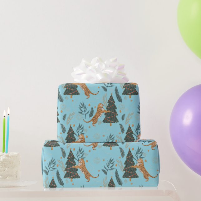 Papier Cadeau Christmas trees & tigers pattern Blue background (Cadeaux de fête)