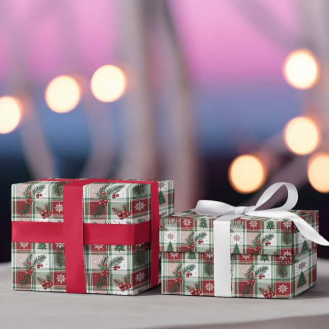 Papier Cadeau Christmas Vintage Plaid Holly & Deer Pattern (Créateur téléchargé)