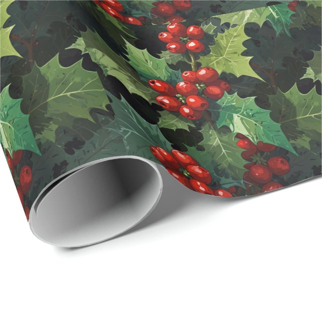 Papier Cadeau Christmas watercolor Holly berry leaves botanical  (Coin rond)