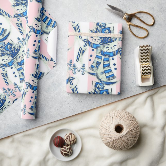 Papier Cadeau Christmas Wrapping Pink & White Stripe Snowman (Artisanat)