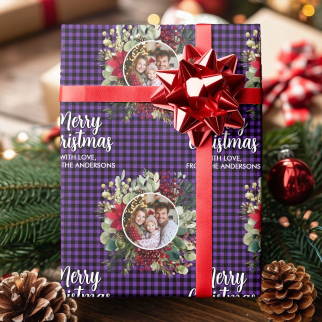 Papier Cadeau Christmas Wreath Plaids Family Photo Personalized (Christmas Wreath Plaids Family Photo Personalized Wrapping Paper)