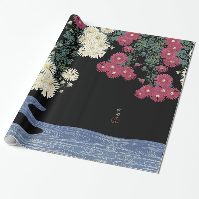 Papier Cadeau Chrysanthèmes, Eau courante, Floral japonais (Déroulé)