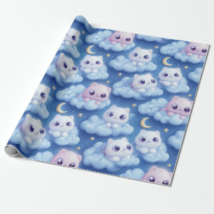 Papier Cadeau "Chubby Kawaii Chats et nuages 3D Motif sans coutu