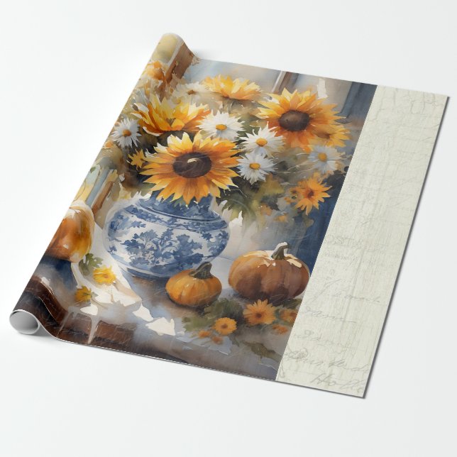 Papier Cadeau Chute Citrouille Tournesol Floral Bleu Blanc Décou (Déroulé)