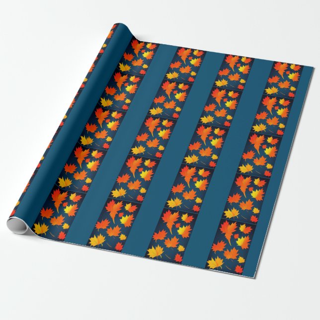 Papier Cadeau Chute doré orange feuille marine bleu arrière - pl (Déroulé)