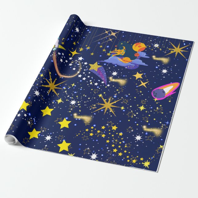 Papier Cadeau Ciel bleu foncé étoilé (Déroulé)
