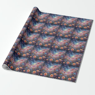 Papier Cadeau Ciel cosmique avec fleurs d'imaginaire