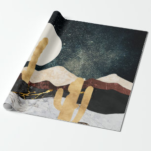 Papier Cadeau Ciel de nuit du désert Abstrait avec Cactus d'or
