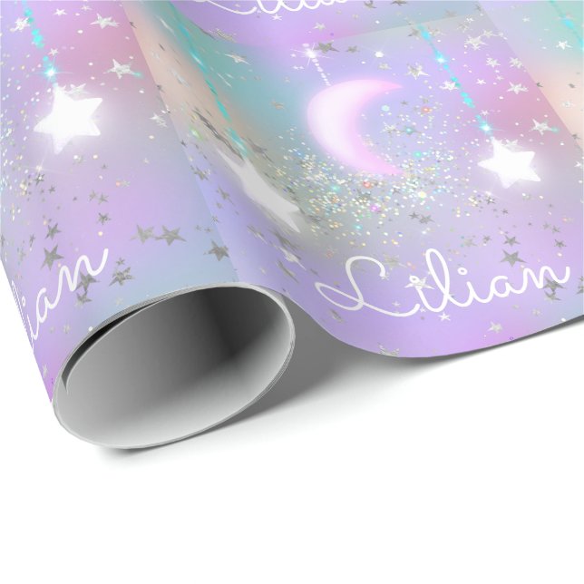 Papier Cadeau Ciel nocturne pastel lune étoiles brillantes  (Coin rond)