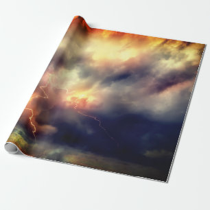 PAPIER CADEAU CIEL STORMY AVEC ORANGE ÉCLAIRANT ET BLEU FONCÉ