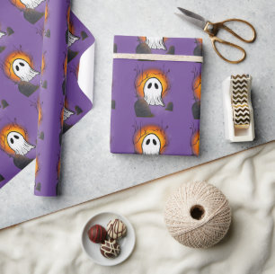 Papier Cadeau Ciel violet Orange Lune Fantôme dans un cimetière