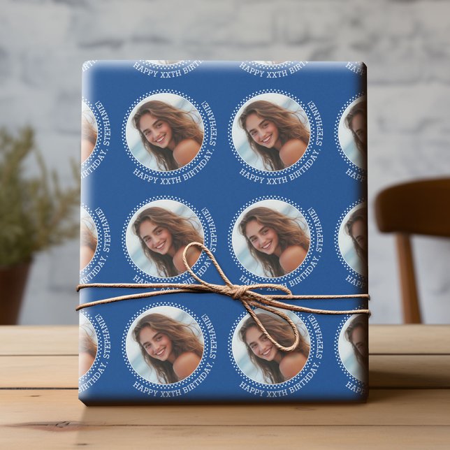 Papier Cadeau Circle One Photo avec voeux d'anniversaire - Bleu (Custom Birthday Wrapping Paper with Photo)