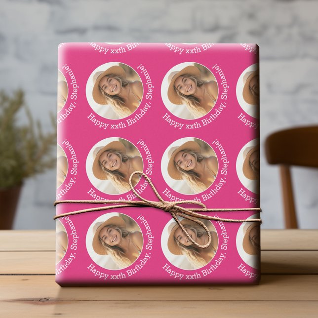 Papier Cadeau Circle One photo avec voeux d'anniversaire Magenta (Custom Birthday Wrapping Paper with Photo)