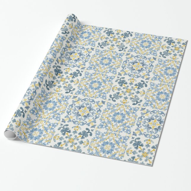 Papier Cadeau Citron en carrelage bleu italien (Déroulé)
